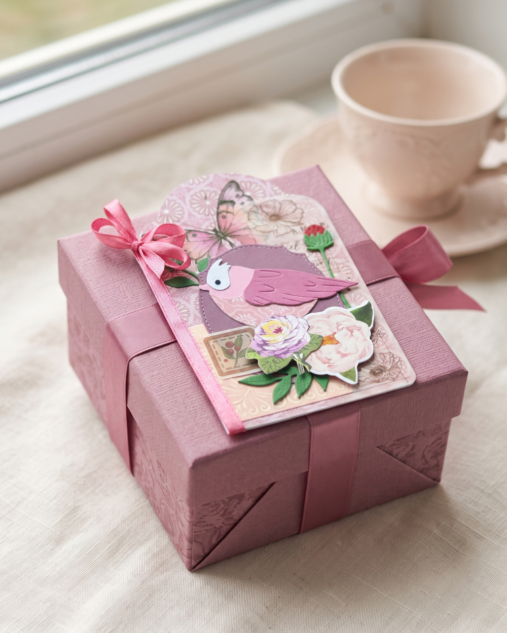 A pink gift box with a decorative floral and bird card on top, tied with pink ribbons, set on a light fabric surface near a window with a teacup in the background.