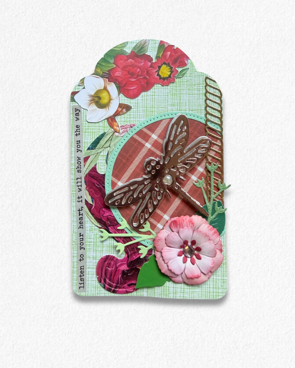 Handmade mini card by Del Cards NZ featuring a die-cut bird with floral details on a mint striped background.