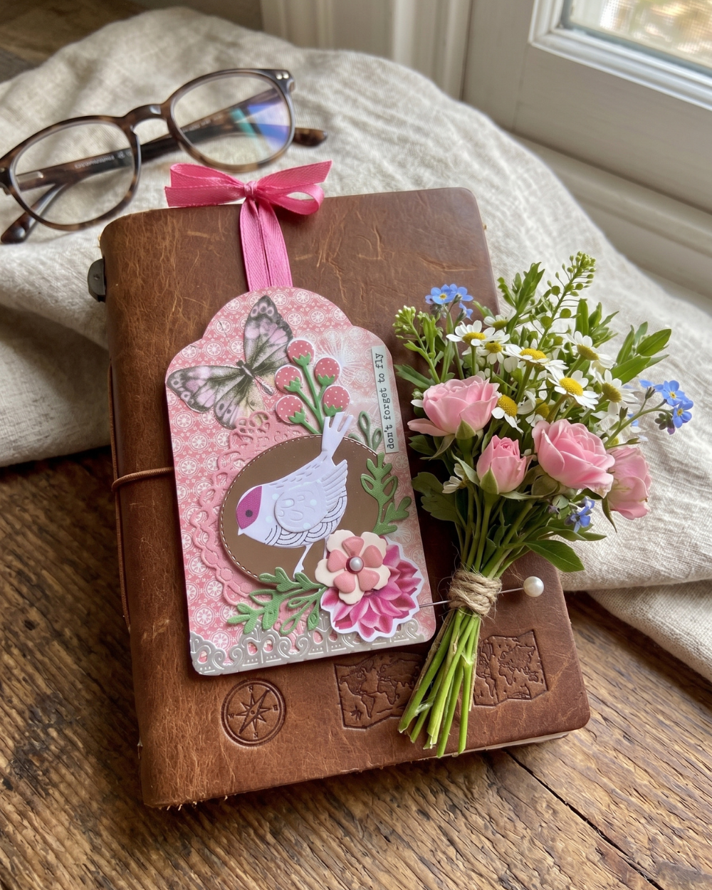 A brown leather journal with embossed floral details, decorated with a pink ribbon and a decorative bird tag, styled on a wooden table with a small bouquet of pink and white flowers and a pair of eyeglasses nearby.