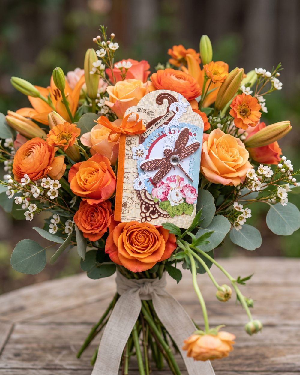 A vibrant orange and peach floral arrangement with lilies, roses, and green foliage, tied with a beige ribbon and featuring a decorative paper tag with a dragonfly design, set on a rustic wooden surface with a blurred outdoor background.