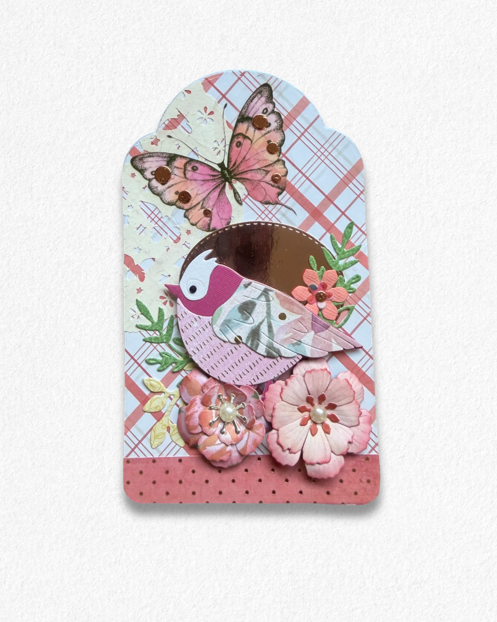 Handmade mini card by Del Cards NZ featuring a die-cut bird with floral details on a mint striped background.