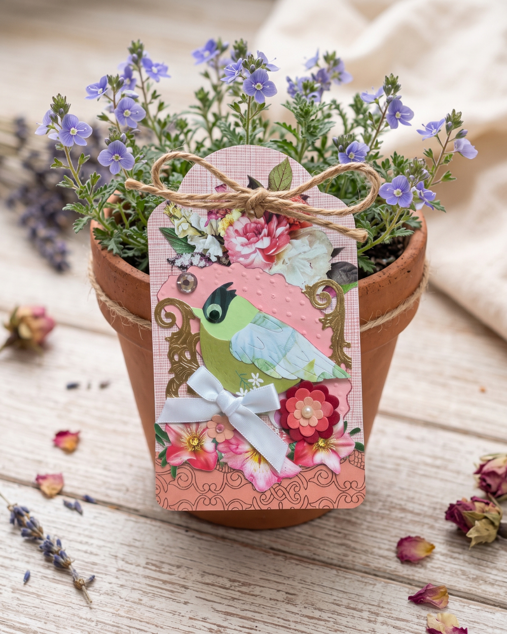 A decorative gift tag with a bird illustration and floral print, tied with twine and attached to a small terracotta planter filled with purple flowers, set on a rustic wooden surface with dried flowers and lavender around it.