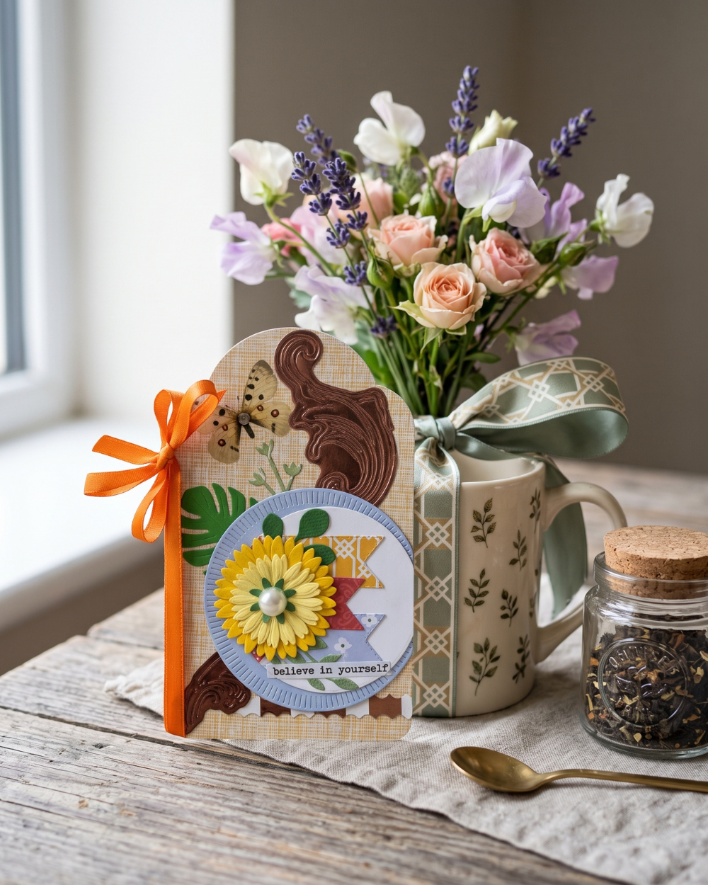 A styled gift arrangement on a rustic table featuring a handmade greeting card with a yellow flower and orange ribbon, a ceramic mug filled with pastel flowers, a small glass jar of loose tea, and a gold spoon.