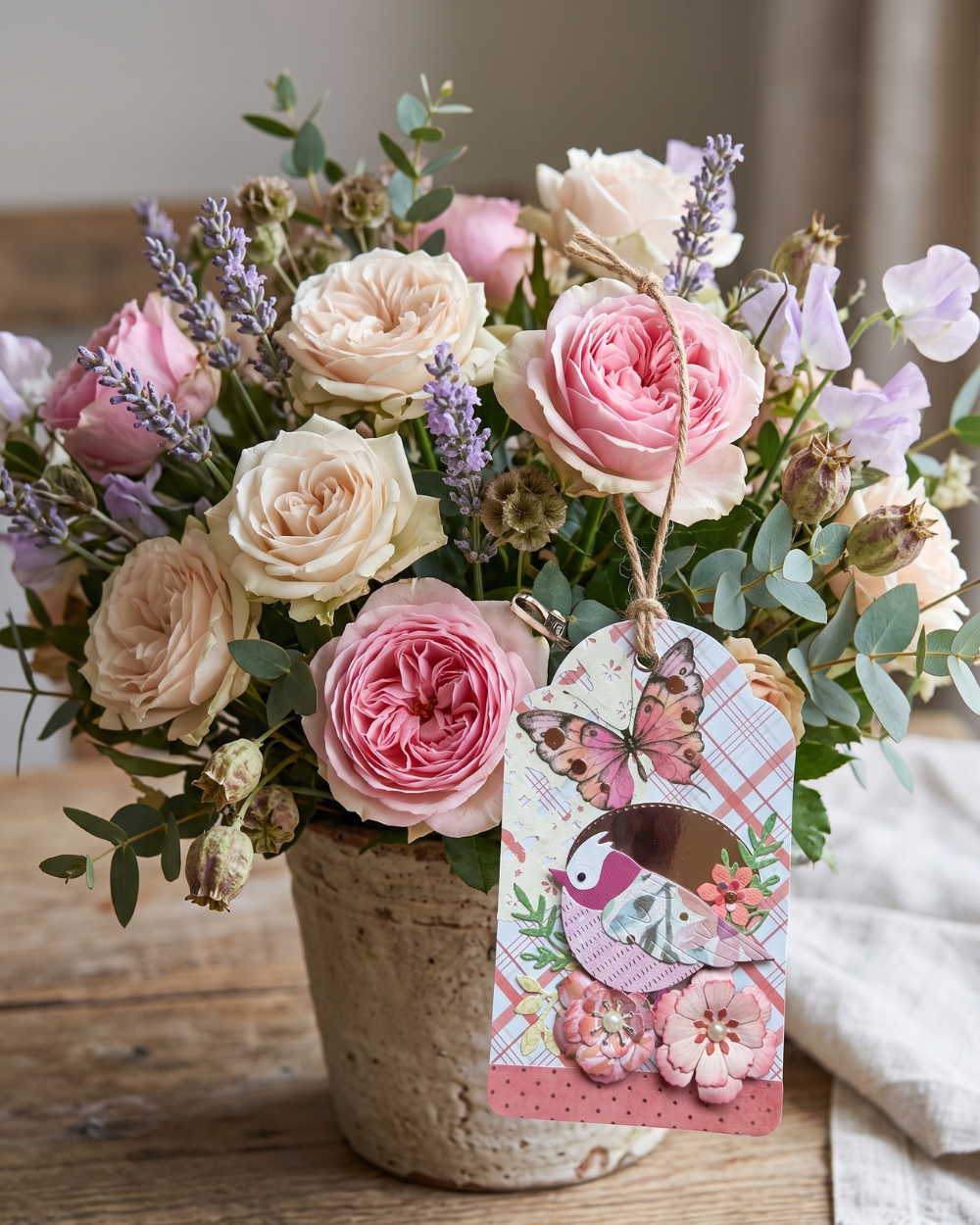 A pastel flower bouquet in a rustic beige pot on a wooden table, featuring pink and cream roses, lavender sprigs, green foliage, and a decorative hanging tag with a bird and butterfly design.