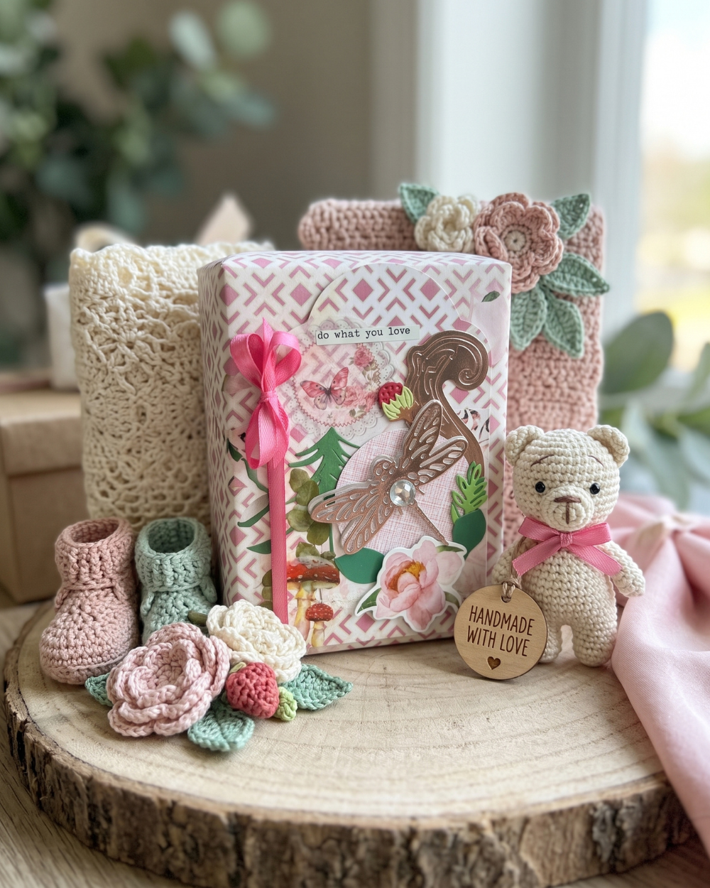 A handmade baby keepsake album with a pink and white patterned cover, decorated with a pink ribbon, butterfly embellishment, and floral accents, displayed on a wooden slice with a crocheted teddy bear, booties, and flowers.