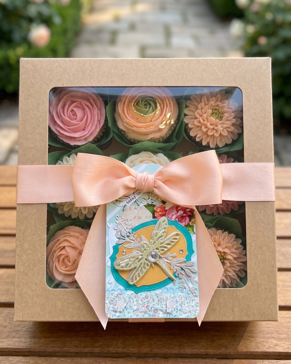 A square kraft gift box with a clear window displaying pink and peach flower-shaped items arranged in a floral pattern. A pale peach satin ribbon is tied in a bow across the front, and a decorative card with a dragonfly design is attached.