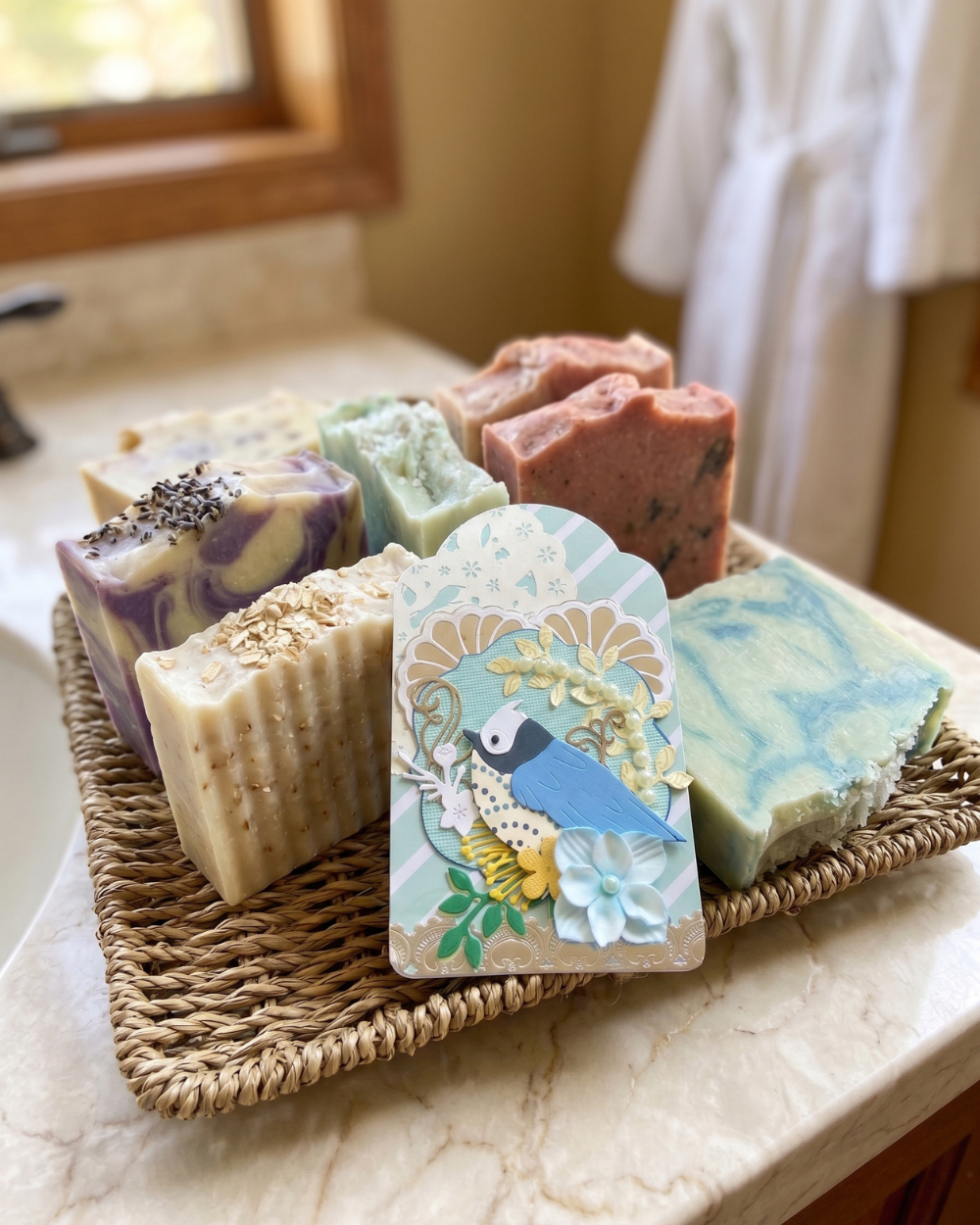 A group of artisanal handmade soaps in various colors and patterns, arranged on a woven tray with a decorative bird tag, set on a marble bathroom counter.