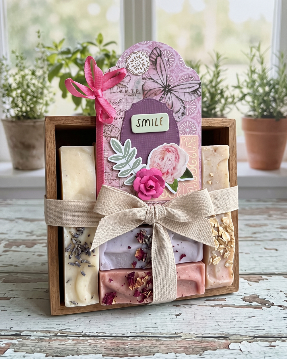 A gift set of artisanal soaps in a wooden tray, wrapped with a beige ribbon and decorated with a pink butterfly sticker, a pink bow, and a floral card that reads 'SMILE'. The background shows a softly blurred window and potted green plants.