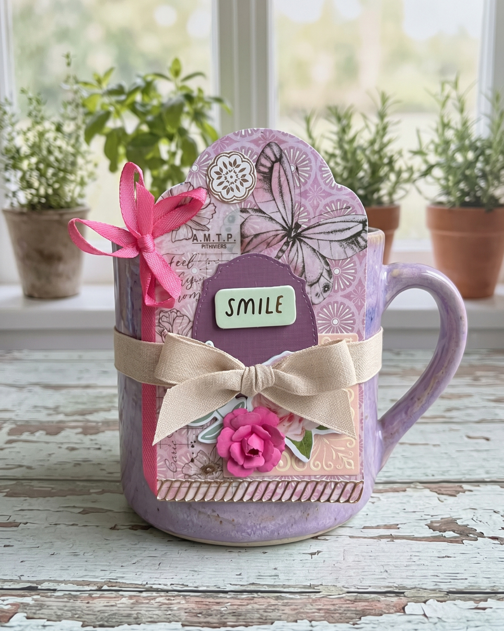 A lavender ceramic mug decorated with layered paper embellishments, a pink ribbon bow, a beige ribbon bow, a pink paper rose, and a small tag that reads 'SMILE', set on a rustic white wooden surface with potted plants in the background.