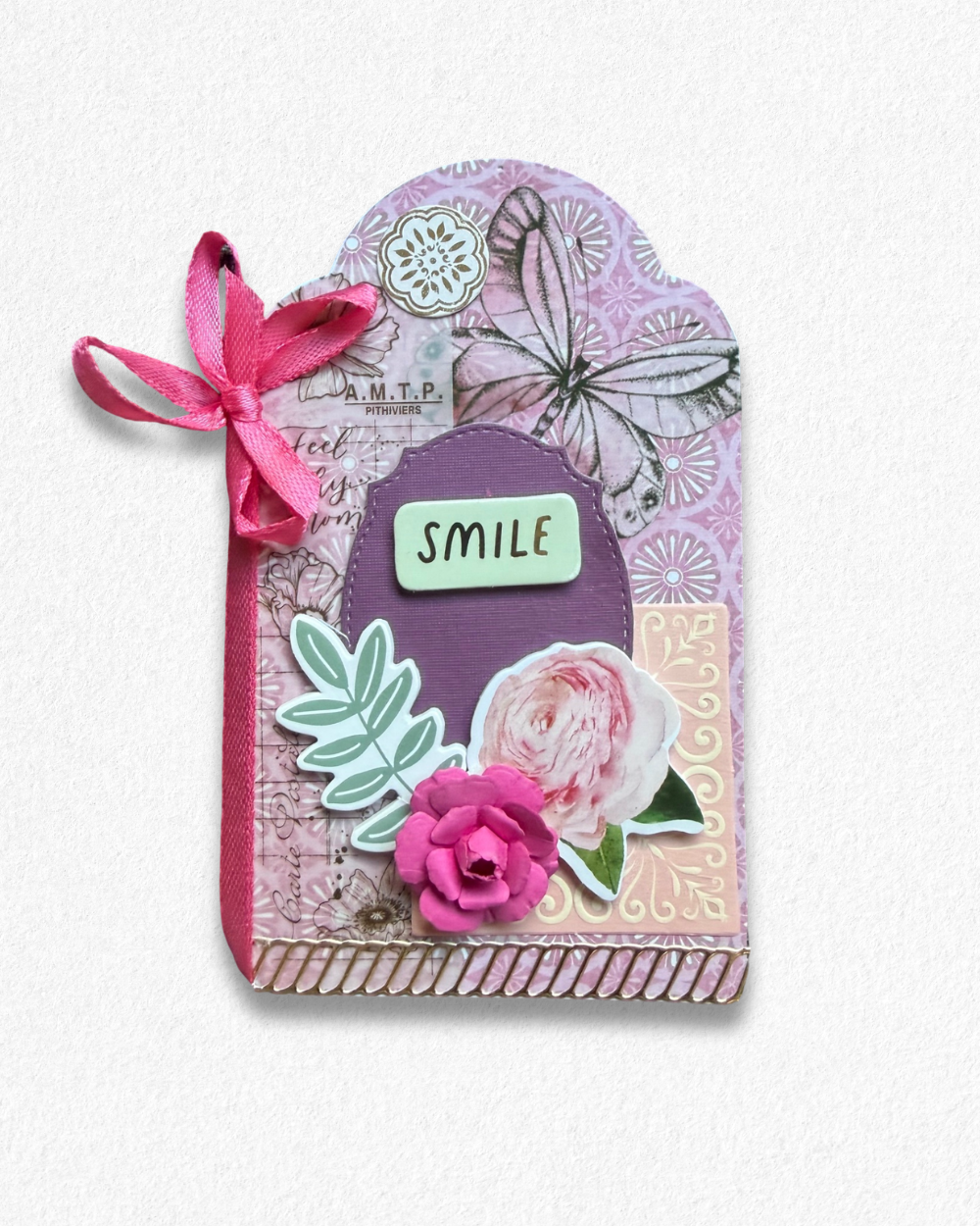 Handmade mini card by Del Cards NZ featuring lovely mixed materials. 