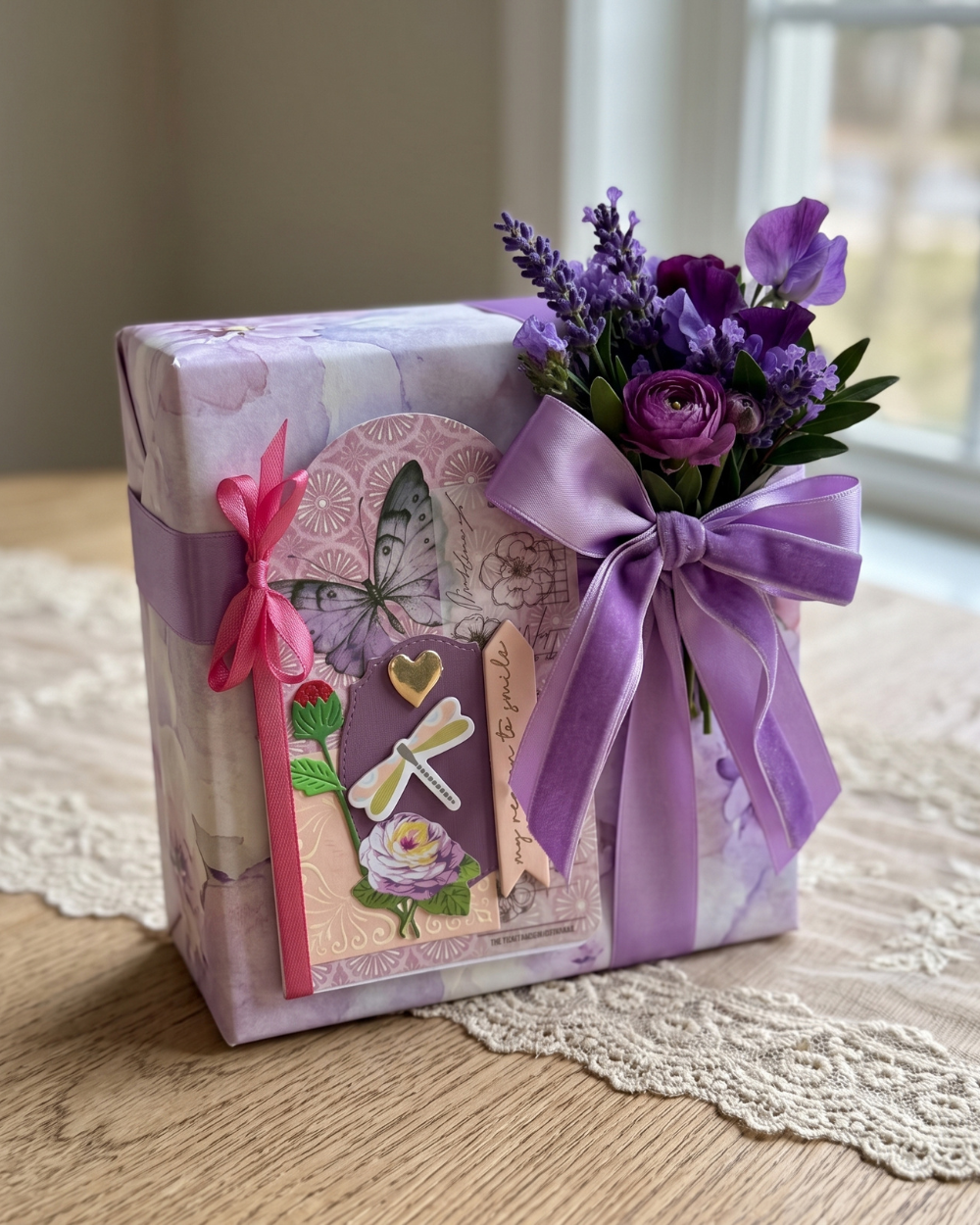 A square gift box wrapped in lavender and white patterned paper, tied with a large lavender ribbon and bow, decorated with a butterfly card, dragonfly embellishment, and a small bouquet of purple flowers, set on a wooden table with a lace runner.