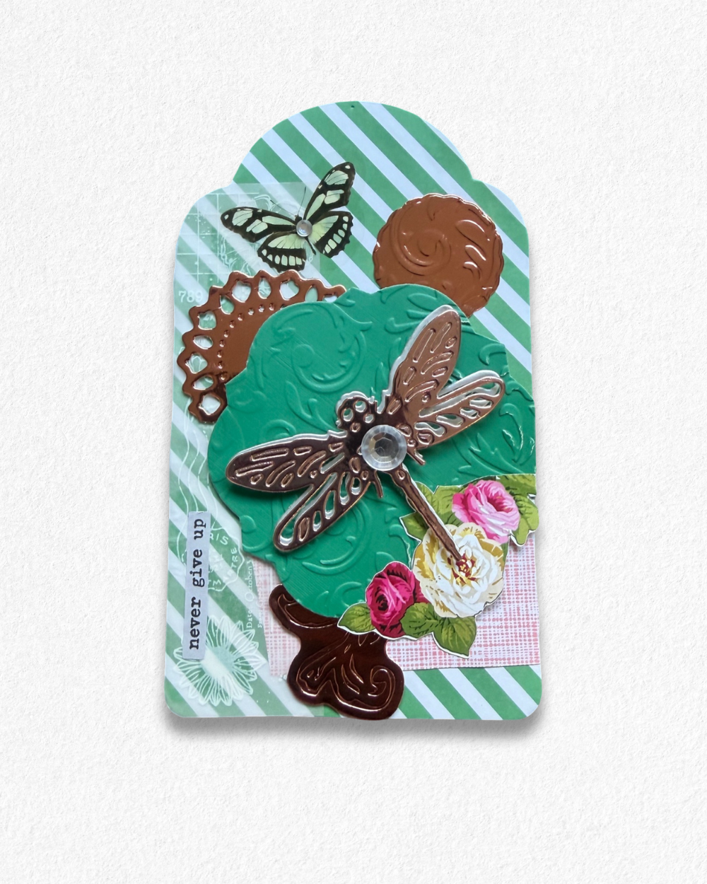 Handmade mini card by Del Cards NZ featuring lovely mixed materials. 