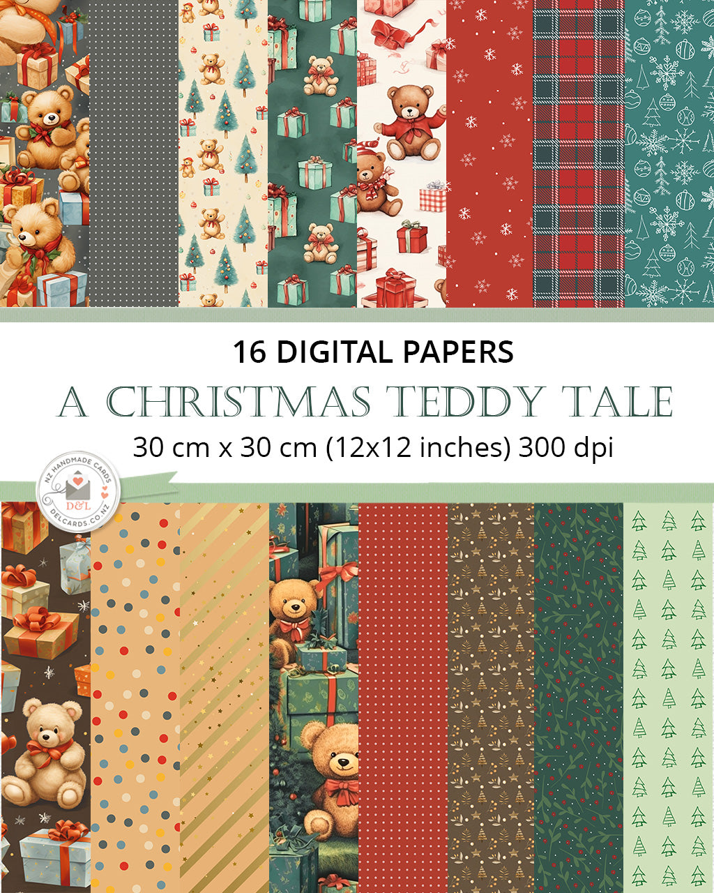 16 Digital Papers - A Christmas Teddy Tale