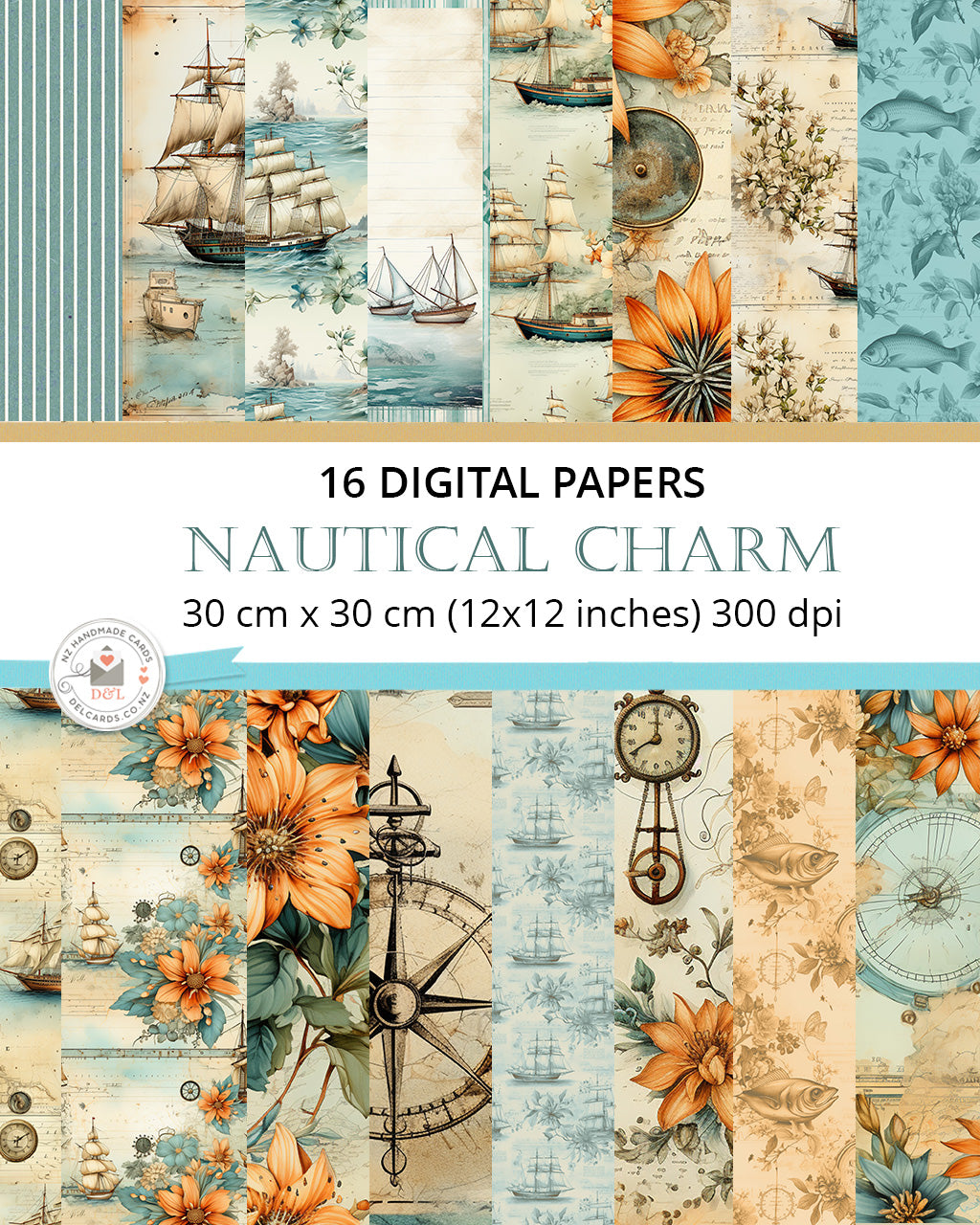 16 Digital Papers - Nautical Charm
