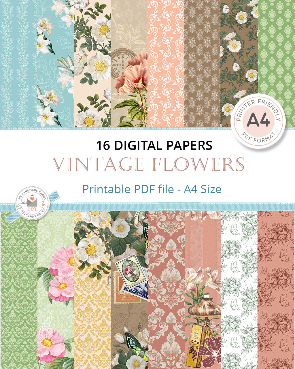 A4 Digital Paper Pack - Vintage Flowers - PDF Printer Friendly