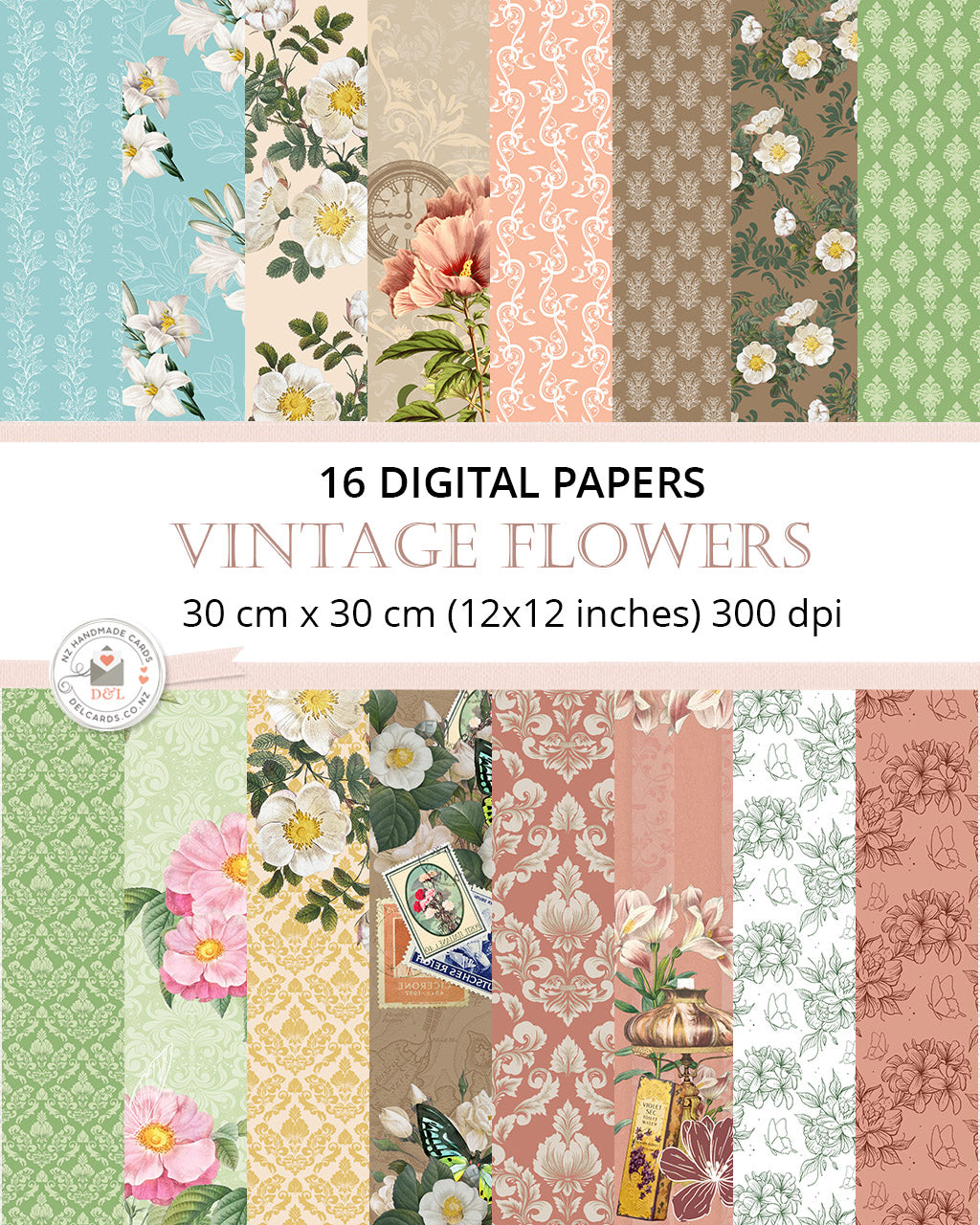 16 Digital Papers - Vintage Flowers