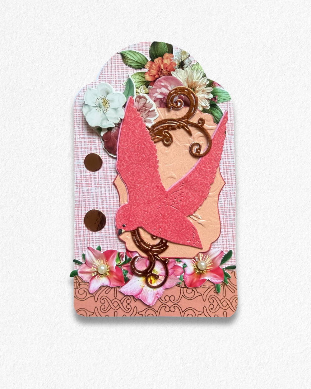 Handmade mini card by Del Cards NZ featuring a die-cut bird with floral details on a mint striped background.