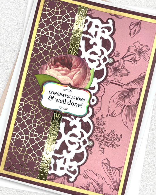 Detail shot of handmade congratulations card by Del Cards NZ, elegant layered papers and embellishments