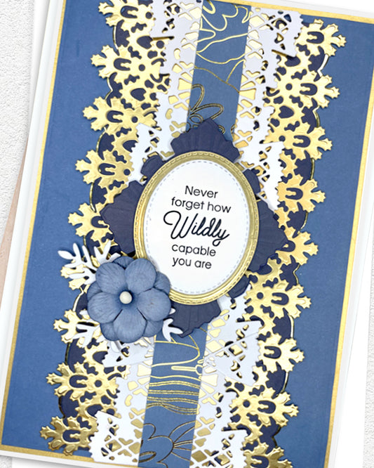 Detail shot of handmade empowerment card by Del Cards NZ, premium layered papers and elegant embellishments