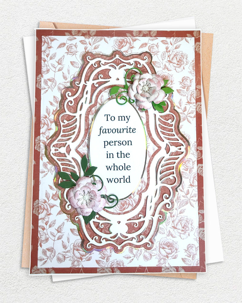 Greeting card with floral design and text on a white background