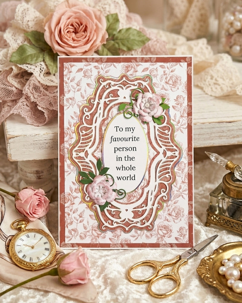 Greeting card with decorative frame and floral elements on a romantic setting with roses and lace, made in New Zealand by Del Cards NZ.