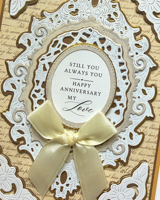 Detailed shot of Handmade anniversary card in gold and white details, made in New Zealand by Del Cards NZ.