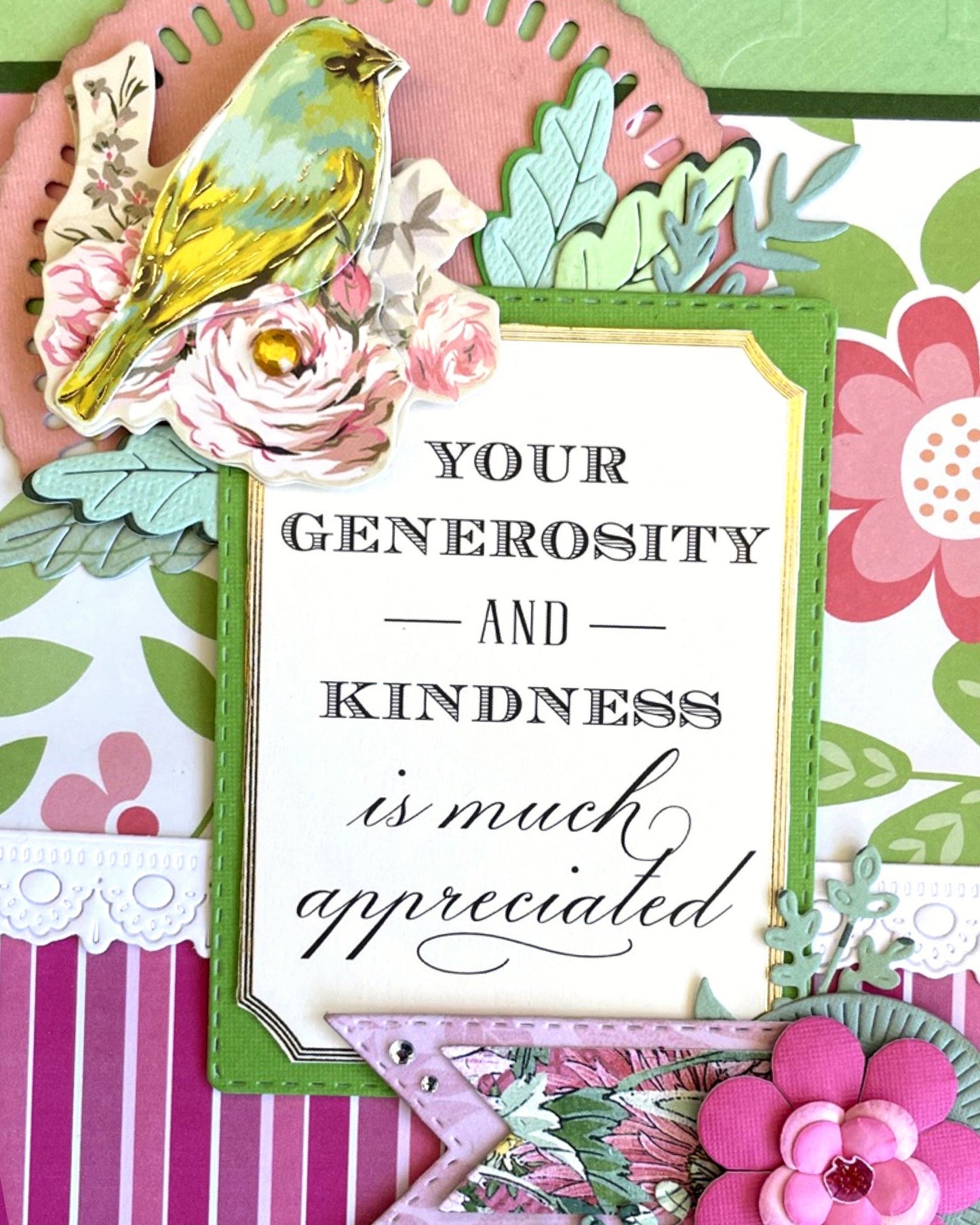 A beautiful handmade thank you card with layered paper flowers. Made by hand in New Zealand by Del Cards