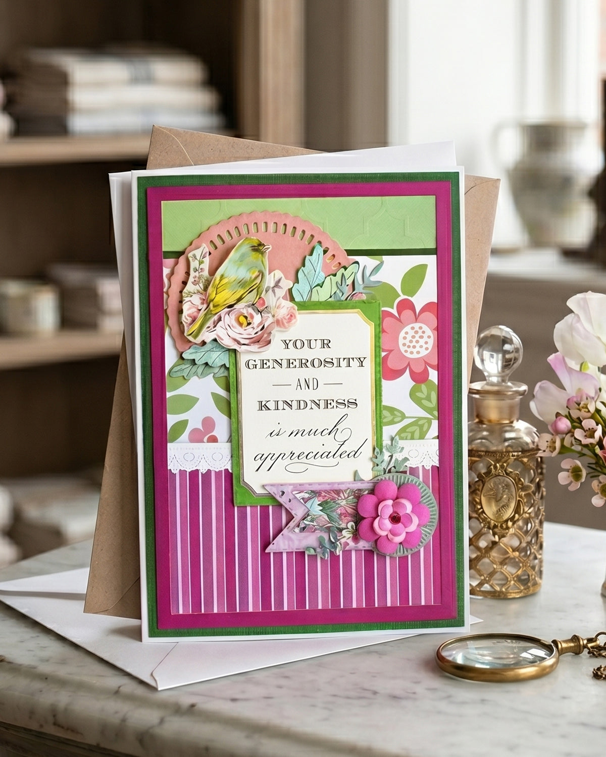A beautiful handmade thank you card with layered paper flowers. Made by hand in New Zealand by Del Cards