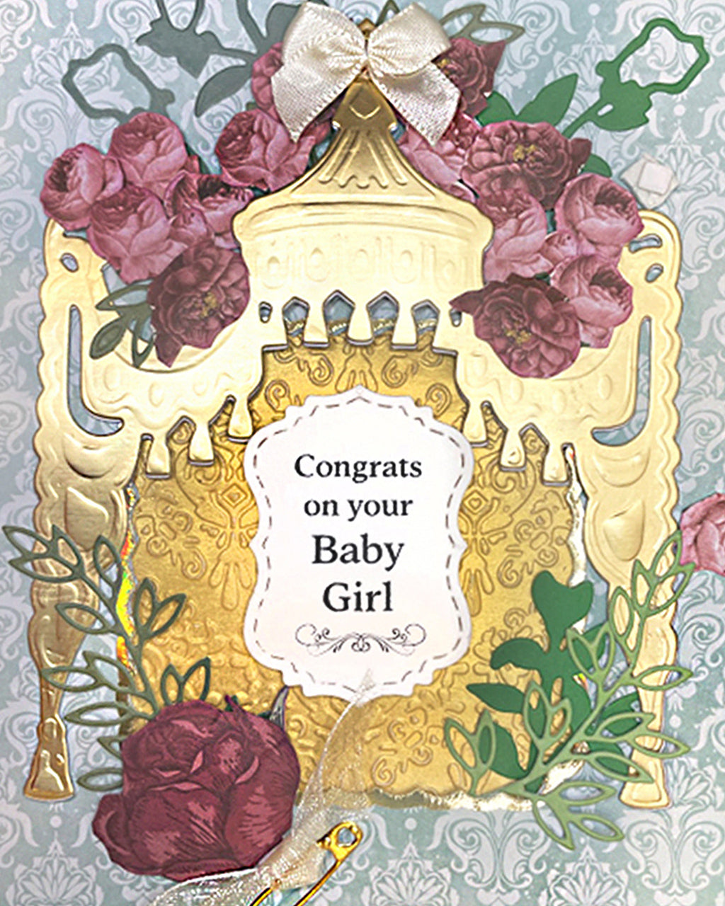 Detailed shot of congratulations new baby girl card, luxury handmade greeting card New Zealand