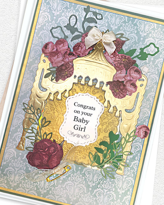 Detailed shot of congratulations new baby girl card, luxury handmade greeting card New Zealand