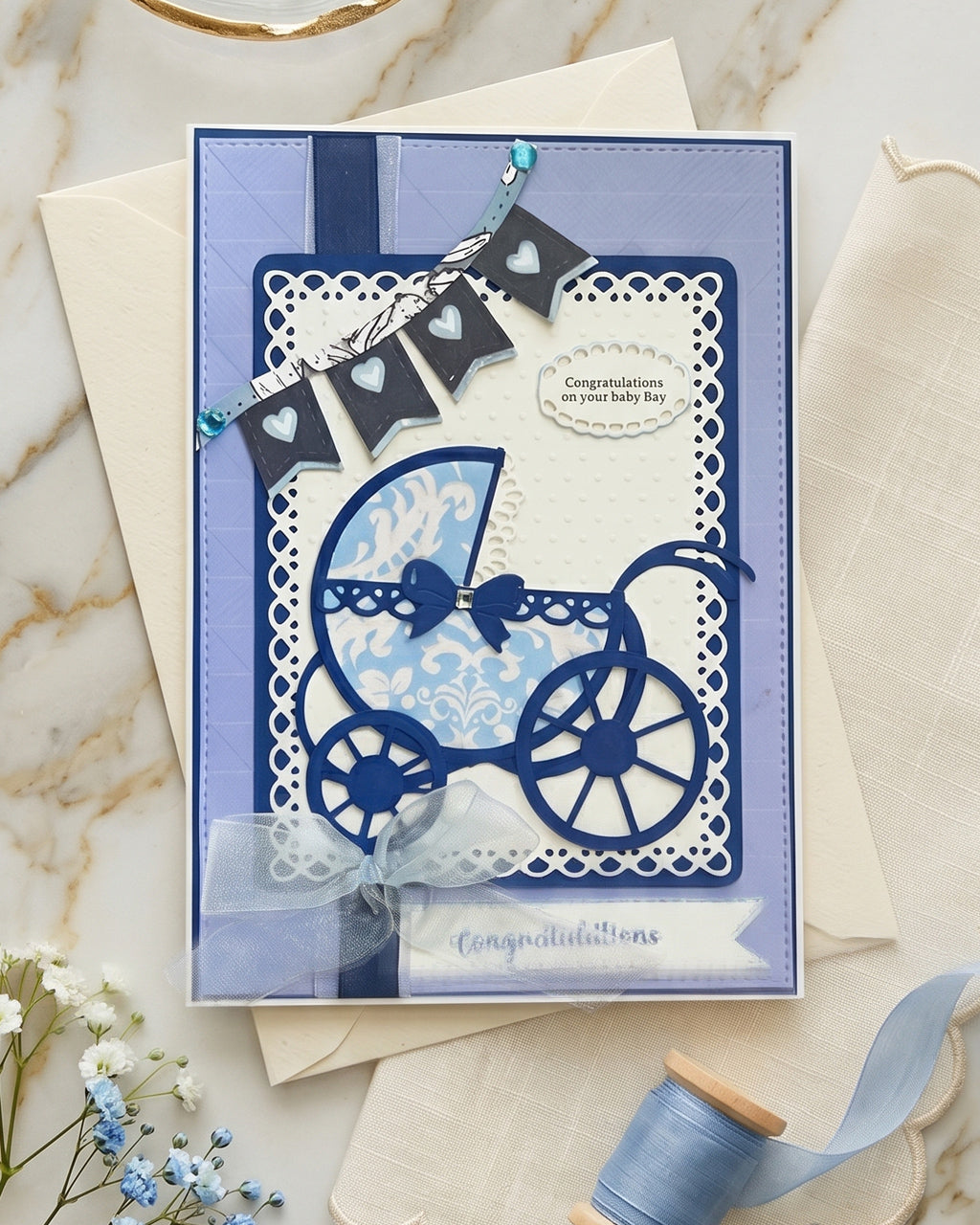 Detailed shot of congratulations new baby boy card, premium handmade greeting card New Zealand