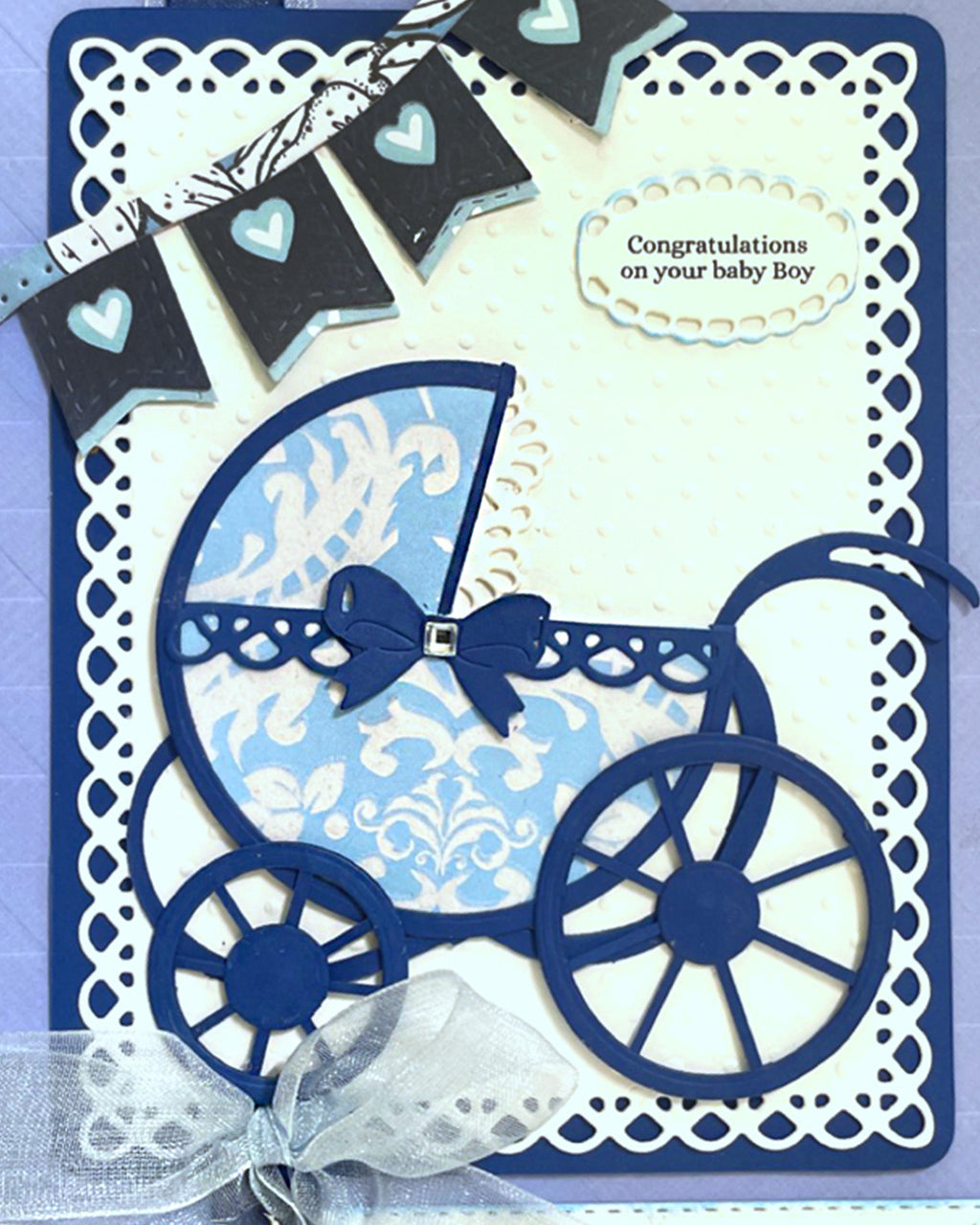 Detailed shot of congratulations new baby boy card, premium handmade greeting card New Zealand