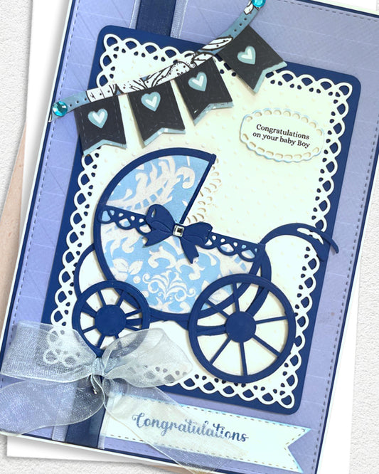 Detailed shot of congratulations new baby boy card, premium handmade greeting card New Zealand