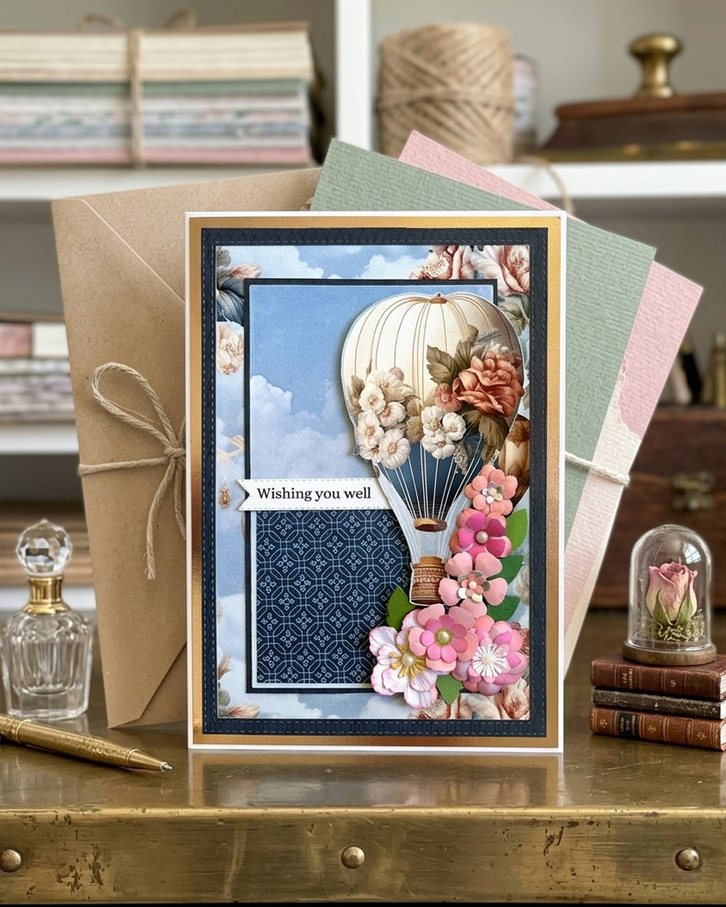 A decorative handmade greeting card with a hot air balloon and floral design, displayed on a brass table with a kraft envelope, layered paper sheets, and vintage-style props in the background.