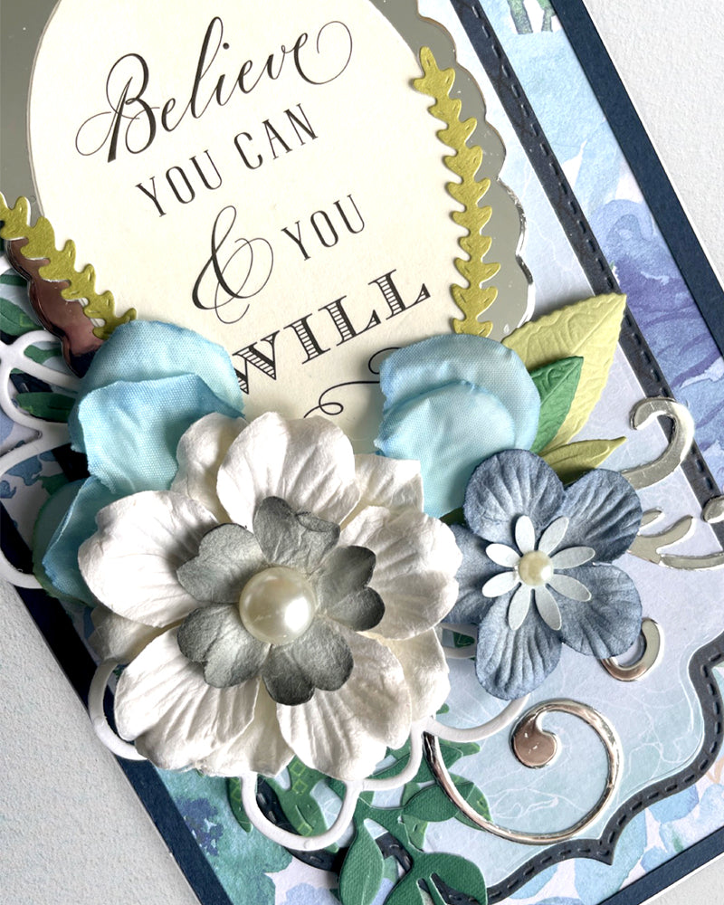 Detail shot of handmade encouragement card by Del Cards NZ, premium layered papers and fine embellishments
