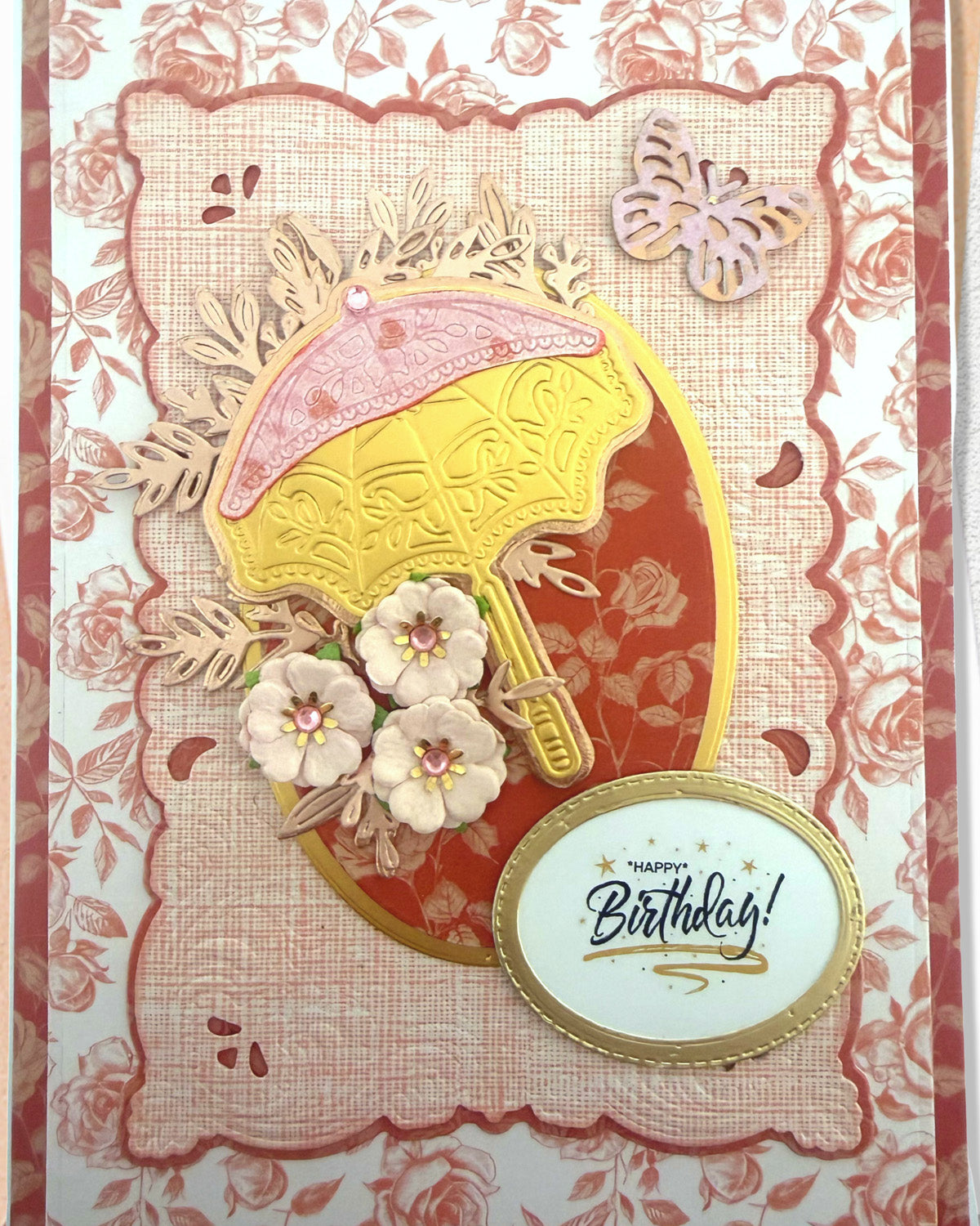 Detail shot of luxury handmade birthday card by Del Cards NZ, premium layered papers and fine gems