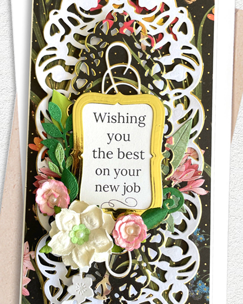Details of handmade new job card by Del Cards NZ, premium layered papers and beautiful embellishments
