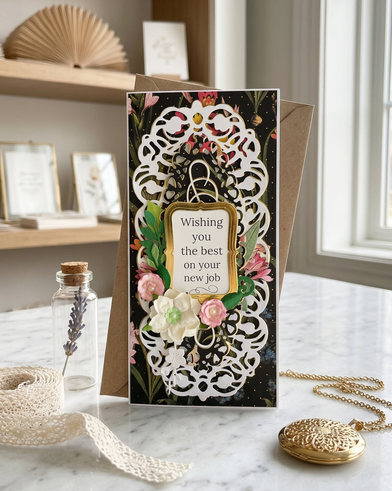 Greeting card with floral design and text on a marble surface, made in NZ by Del Cards