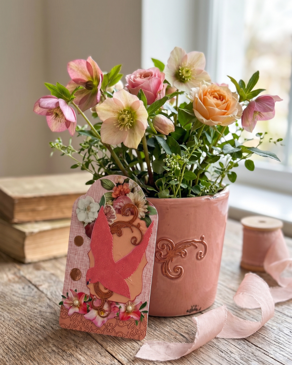 A pink ceramic pot filled with pink and peach hollyhocks and green foliage, styled on a rustic wooden table with a decorative paper tag, books, and a spool of ribbon nearby.