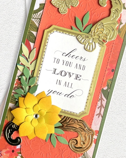 Decorative card with floral and butterfly designs on a white background