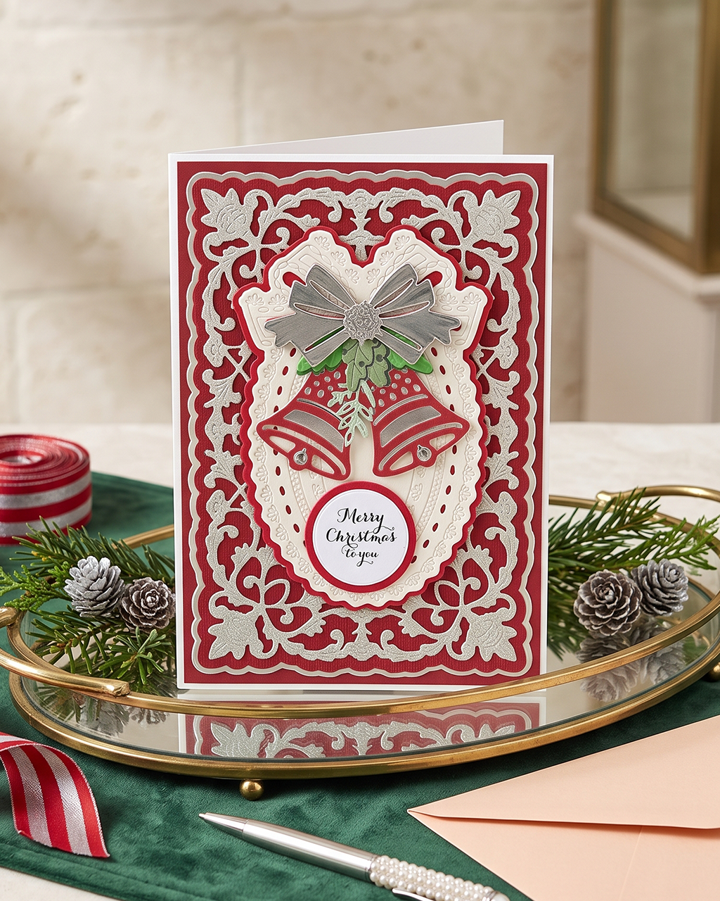 A festive Christmas greeting card with red and white ornate borders, two silver bells, green leaves, and a bow, displayed on a mirrored tray with pinecones and ribbon. Made by Del Cards NZ.
