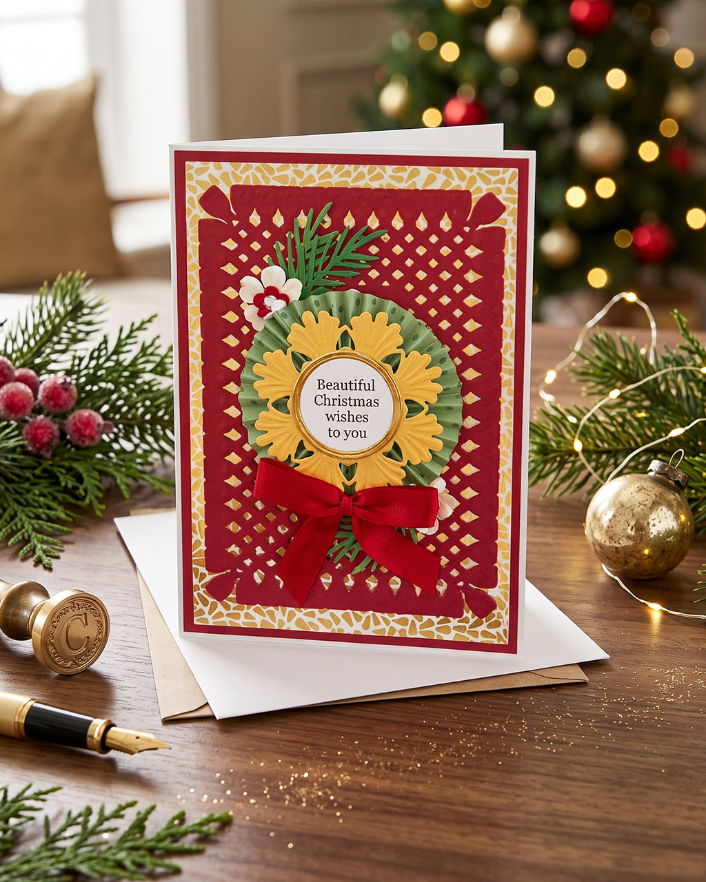 A festive Christmas greeting card with a red background, gold geometric border, green wreath, yellow sunflowers, and a red bow, placed on a wooden table with holiday decorations and a blurred Christmas tree in the background.