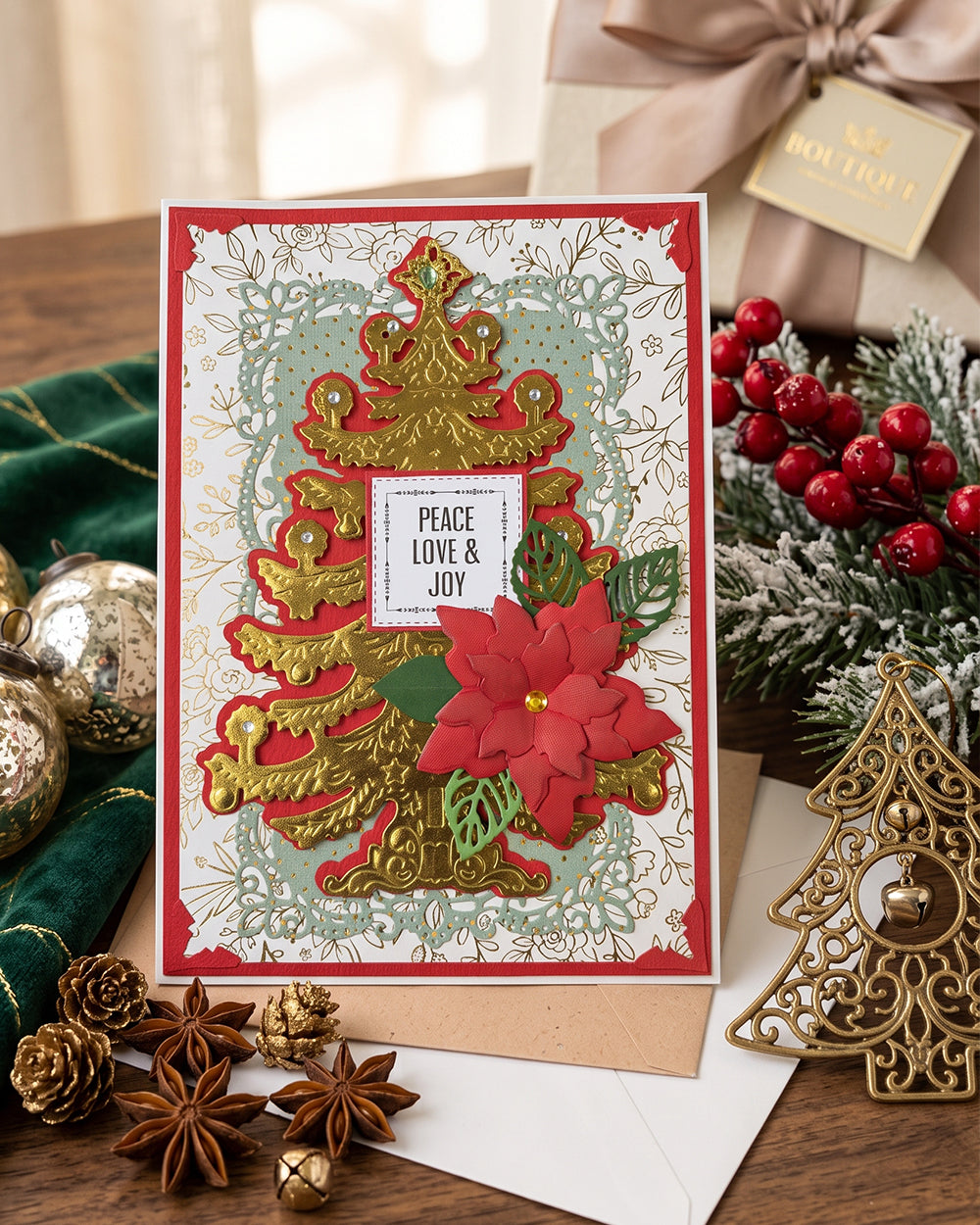 A handmade Christmas greeting card with a red poinsettia, gold tree silhouette, and 'PEACE LOVE & JOY' message, styled on a wooden table with holiday decorations and a gift box in the background. made by Del Cards NZ.