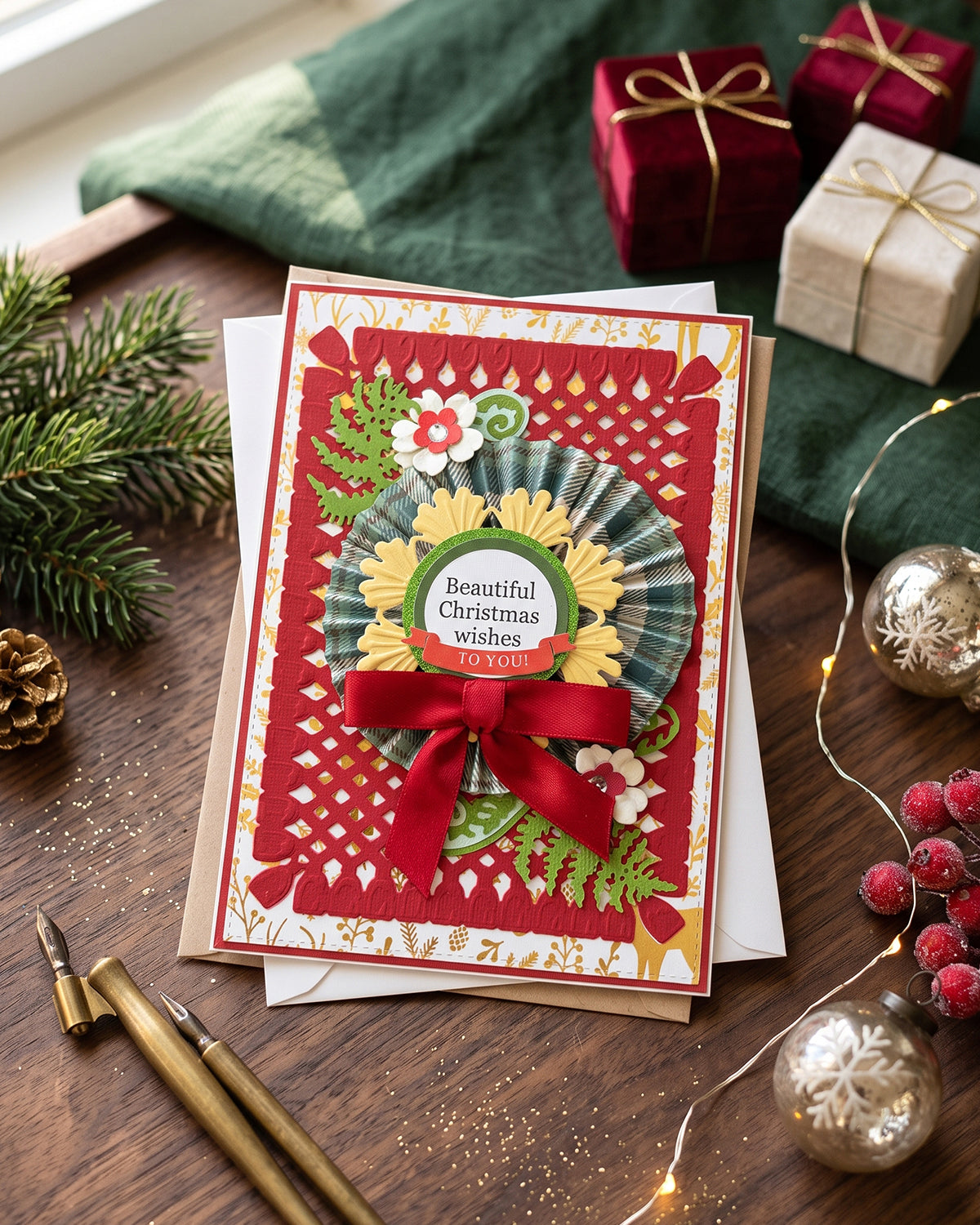 A handmade Christmas greeting card with layered red and green patterns, a red ribbon bow, and a sunflower design, displayed on a wooden table with holiday decorations including pine branches, wrapped gifts, and ornaments.