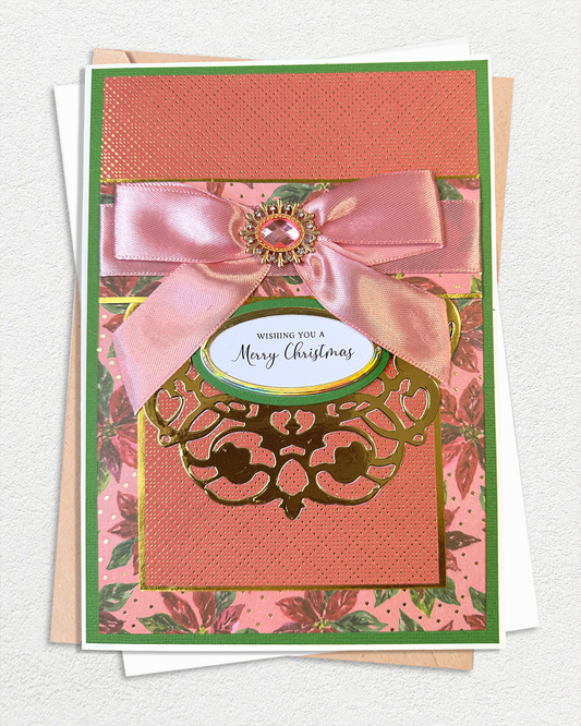 Luxury Handmade Christmas Card | Blush Ribbon & Jewel