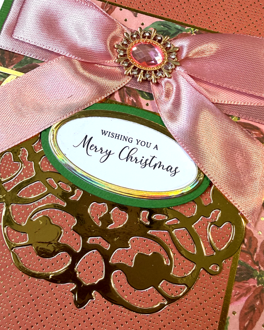Luxury Handmade Christmas Card | Blush Ribbon & Jewel