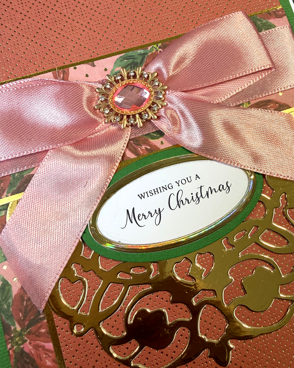 Luxury Handmade Christmas Card | Blush Ribbon & Jewel