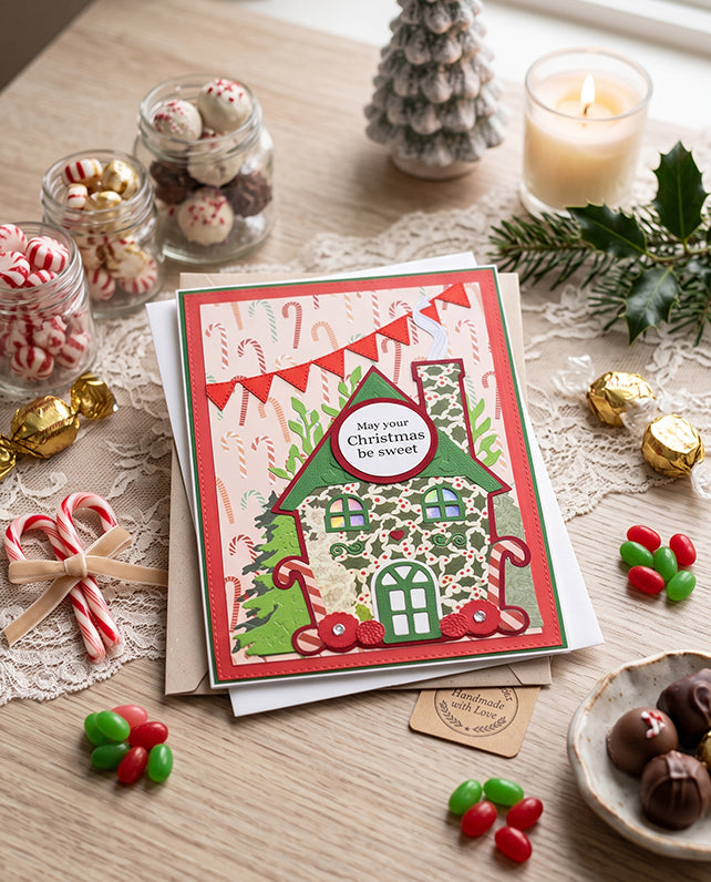 A festive Christmas greeting card featuring a decorated house with candy canes, holly, and the words 'May your Christmas be sweet,' styled on a wooden tabletop with candy, chocolates, lace, and holiday greenery.