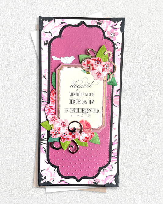 Handmade luxury condolence card with pink floral layers, cream sentiment panel reading "Deepest Condolences Dear Friend", handcrafted in New Zealand