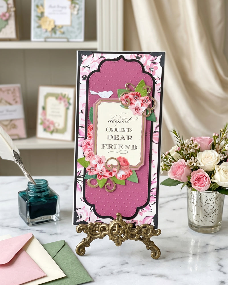 Luxury handmade greeting card styled on a marble surface with ink bottle and roses, condolence card for a dear friend, Del Cards NZ Auckland